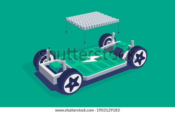 Modern electric car chassis design battery
modular platform skateboard module pack board with wheels. Vehicle
components battery cell pack, motor powertrain, controller.
Isolated vector
illustration.