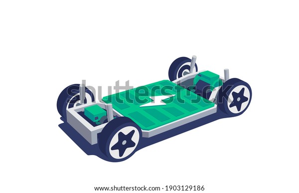 Modern electric car chassis design battery\
modular platform skateboard module pack board with wheels. Vehicle\
components battery cell pack, motor powertrain, controller.\
Isolated vector\
illustration.