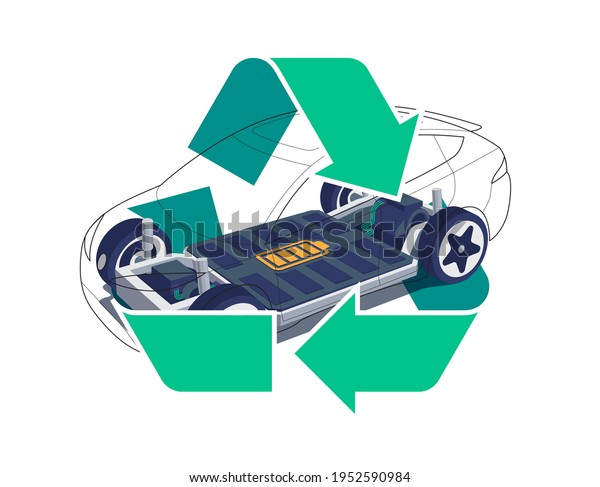 Modern electric car chassis design battery\
modular platform skateboard module pack board with green recycling\
symbol sign.  Recycle vehicle components battery cell pack, motor\
powertrain, controller.
