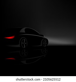 Modern electric car design silhouette in dark. Electric automobile advertising with reflection in night darkness with rear views and headlights. Minimal design