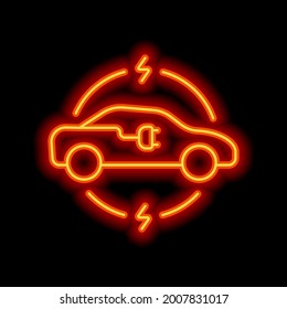 Modern electric car, green energy, simple icon. Orange neon style on black background. Light linear icon with editable stroke