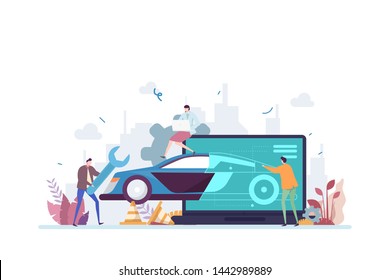 Modern Electric Car Industry Vector Illustration Concept Showing How Engineer Turns Future Electric Car Blueprint Into Reality, Suitable For Landing Page, Ui, Web, Apps, Print, And Others