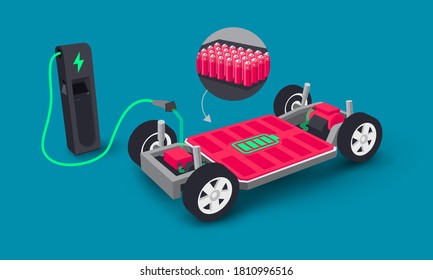 Modern electric car modular platform board charging battery pack rechargeable cells inside. Electric skateboard module chassis components, motor powertrain, controller. Isolated vector illustration