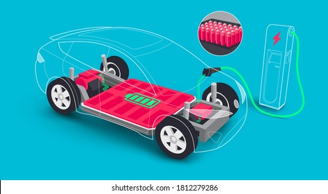 Modern electric car modular platform board charging battery pack rechargeable cells inside. Electric skateboard module chassis components, motor powertrain, controller. Isolated vector illustration