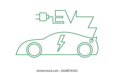 Modern electric car with plug icon and EV letter made from electric wire, green editable stroke EV car symbol, eco friendly vehicle, charging station logotype icon