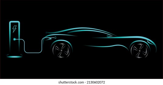 Modern electric car silhouette, side view. electric vehicle, hybrid car, blue neon electric car silhouette for logo, banner for marketing advertising design. EPS 10 vector illustration.