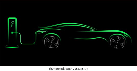 Modern electric car silhouette, side view. electric vehicle, hybrid car, green neon electric car silhouette for logo, banner for marketing advertising design. EPS 10 vector illustration