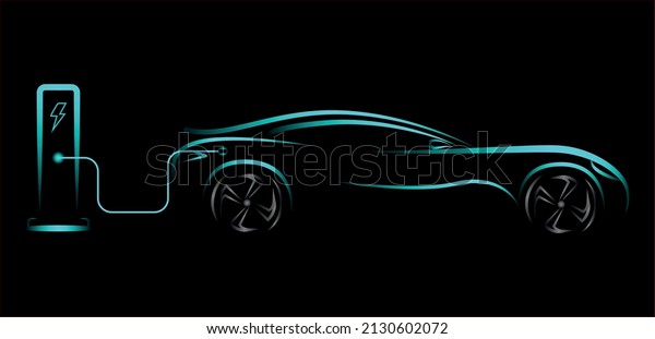 Modern
electric car silhouette, side view. electric vehicle, hybrid car,
blue neon electric car silhouette for logo, banner for marketing
advertising design. EPS 10 vector
illustration.