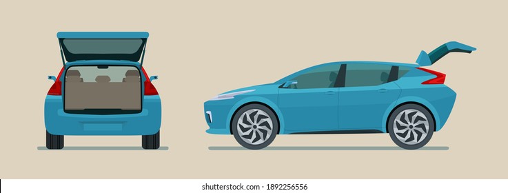 Modern Electric CUV Car With Open Trunk Isolated, Side And Back View. Vector Flat Style Illustration.