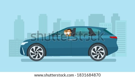 Modern electric CUV car with a young man and woman in a medical mask driving on a background of abstract cityscape. Vector flat style illustration.