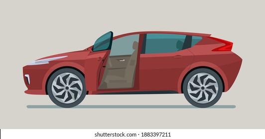 Modern electric CUV with an open driver's door isolated, side and front view. Vector flat style illustration.