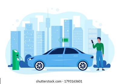 Modern electric eco auto car vector illustration. Cartoon flat happy man driver character standing in charger station, charging vehicle automobile battery, save ecology technology isolated on white