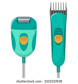 Modern electric epilator for gentle removal of unwanted body hair and electric hair clipper. Vector flat illustration, isolated on white background