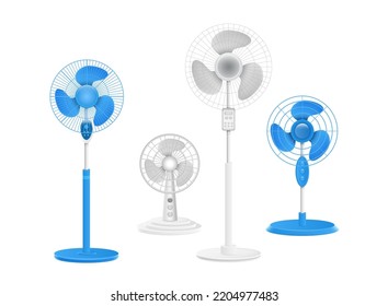 Modern electric fan different types colors set realistic. Indoor climate control device turbine wind circulation portable rotate conditioning cooling air on floor and table. Vector illustration