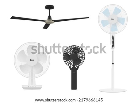 Modern electric fan different types colors set realistic vector illustration. Indoor climate control device turbine wind circulation portable rotate conditioning cooling air on floor table and ceiling