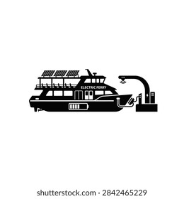 Modern electric ferry powered by solar energy, charging at a dock with battery display.