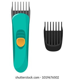 Modern electric hair clipper and the original replacement air nozzle for it. Vector flat illustration, isolated on white background