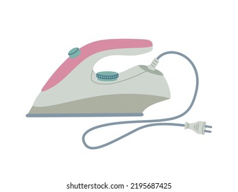 Modern electric iron, simple icon. Home appliance. Hand drawn color vector illustration isolated on white background. Modern flat cartoon style.