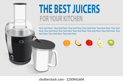 Modern electric juicer, various fruit and glass of freshly made juice, healthy lifestyle concept. Fresh start, losing weight concept. For banner, web page, flyer, presentation.