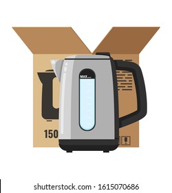Modern electric kettle unpacked from the box on white background vector illustration. Household appliances in flat design. Kitchen equipment. Home electro technics.