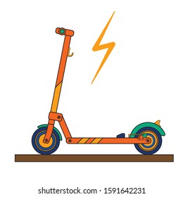 Modern electric kick scooter on a white background drawn in a flat style with a lighting sign.
