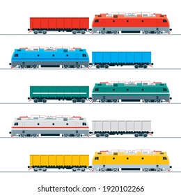 Modern electric locomotive and gondola car. Vector image in five color variations
