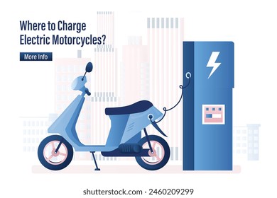 Moderna moto eléctrica y estación de carga. Tecnología ecológica. Vehículo ecológico, motocicleta eléctrica en el Recargo. Transporte respetuoso con el medio ambiente, Plantilla de página de destino. Ilustración vectorial plana