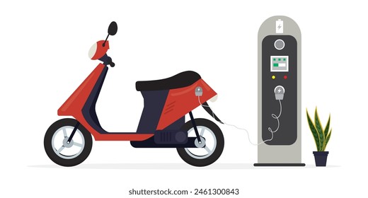 Modern electric motorbike and charging station. Green technology. Eco vehicle, electric two wheel motorcycle on charge. Environmentally friendly transport isolated on white background. Flat vector