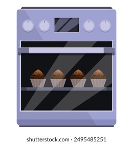 Modern electric oven with a glass door is baking a batch of chocolate chip muffins