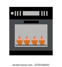 Moderno horno eléctrico con una puerta de cristal está horneando un Lote de muffins de chocolate. Ilustración vectorial. 