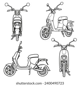 Modern Electric Scooter Bike arte de la línea de tinta dibujada a mano, mopo ilustraciones vectoriales arte de la línea, isométrica, lateral, frontal y trasera Vista aislada sobre fondo blanco 