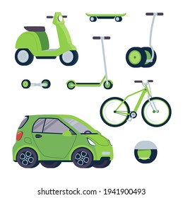 Modern electric scooter, gyro board, skateboard, bicycle, moped, car. Vector set of electric environmentally friendly alternative vehicles. Transport of green color on a white background