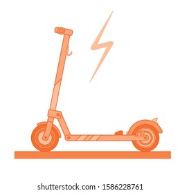 Modern electric scooter on a white background drawn in a flat style with a lighting sign painted in orange gradations
