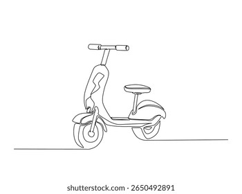 Modern electric scooter in single outline illustration. Continuous line art drawing of electric bike.