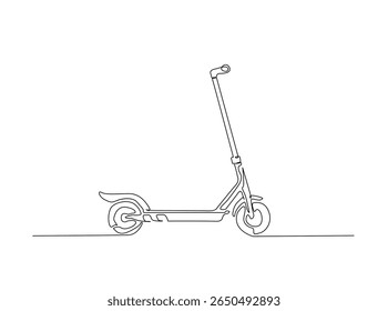 Modern electric scooter in single outline illustration. Continuous line art drawing of electric bike.