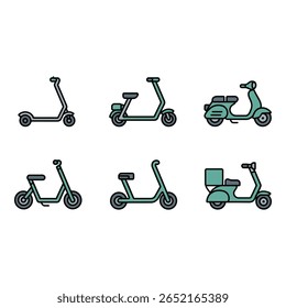 Scooters elétricos modernos e clássico Vespa ícones minimalista Teal Line Art Set
