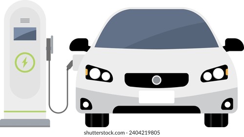 Modern electric sedan car on front parking charging on ev station with a plug in cable. Ev Car charger.