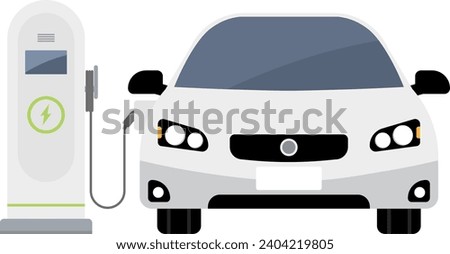 Modern electric sedan car on front parking charging on ev station with a plug in cable. Ev Car charger.