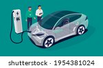 Modern electric smart car charging parking at the charger station with a plug in cable. Automobile engineers working with tablet solving problem. Electrified futuristic transportation e-motion.