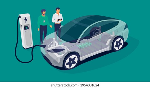Modern electric smart car charging parking at the charger station with a plug in cable. Automobile engineers working with tablet solving problem. Electrified futuristic transportation e-motion.