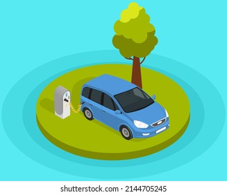 Modernes Elektroauto-Ladegerät, Autoparkplatz bei Ladestation mit Anschlusskabel. Elektrische Zukunft Transport e-motion. Umweltfreundlicher Verkehr mit erneuerbaren Energien