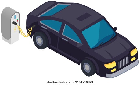 Modern electric smart car charging, automobile parking at charger station with plug in cable. Electrified future transportation e-motion. Environmentally friendly transport using renewable energy