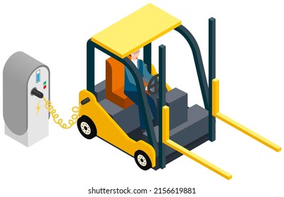 Modern Electric Smart Car Charging Parking At Charger Station With Plug In Cable. Electrified Future Transportation E-motion. Environmentally Friendly Transport Lift Truck, Battery Electric Jitney