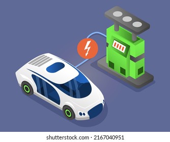 Modern electric smart car charging, automobile parking at charger station with plug in cable. Electrified future transportation e-motion. Environmentally friendly transport using renewable energy