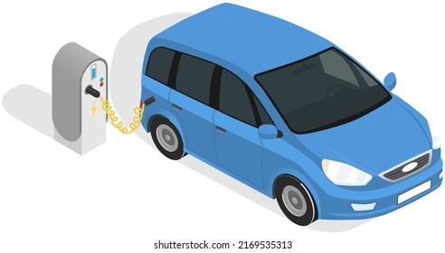 Modern electric smart car charging, automobile parking at charger station with plug in cable. Electrified future transportation e-motion. Environmentally friendly transport using renewable energy