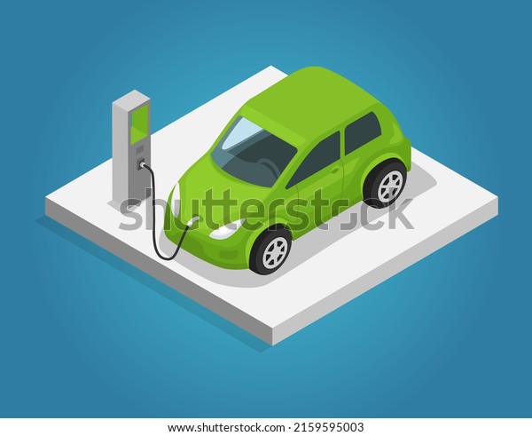Modern electric smart car charging, automobile\
parking at charger station with plug in cable. Electrified future\
transportation e-motion. Environmentally friendly transport using\
renewable energy