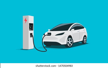 Modern electric smart suv car charging parking at the charger station with a plug in cable. Isolated flat vector illustration concept on white background. Electrified future transportation e-motion.