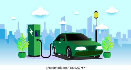 	
Modern electric smart suv car charging parking at the charger station with a plug in cable. vector illustration concept .