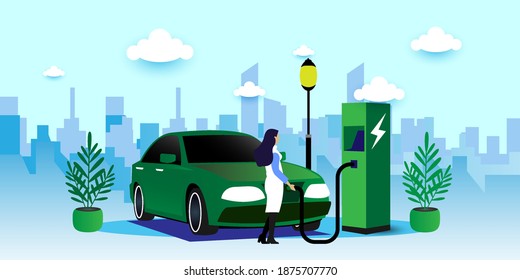 	
Modern electric smart suv car charging parking at the charger station with a plug in cable. vector illustration concept .