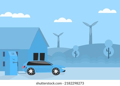 Modernes Elektroauto-Ladegerät mit Steckkabel zu Hause. Vektorgrafik-Konzept. Elektrizität ist die Zukunft des e-Motion-Transports.
